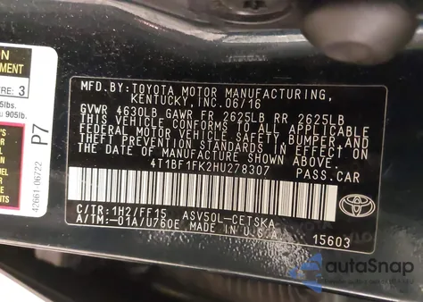 2017 Toyota Camry Se from USA, damaged, VIN 4T1BF1FK2HU278307